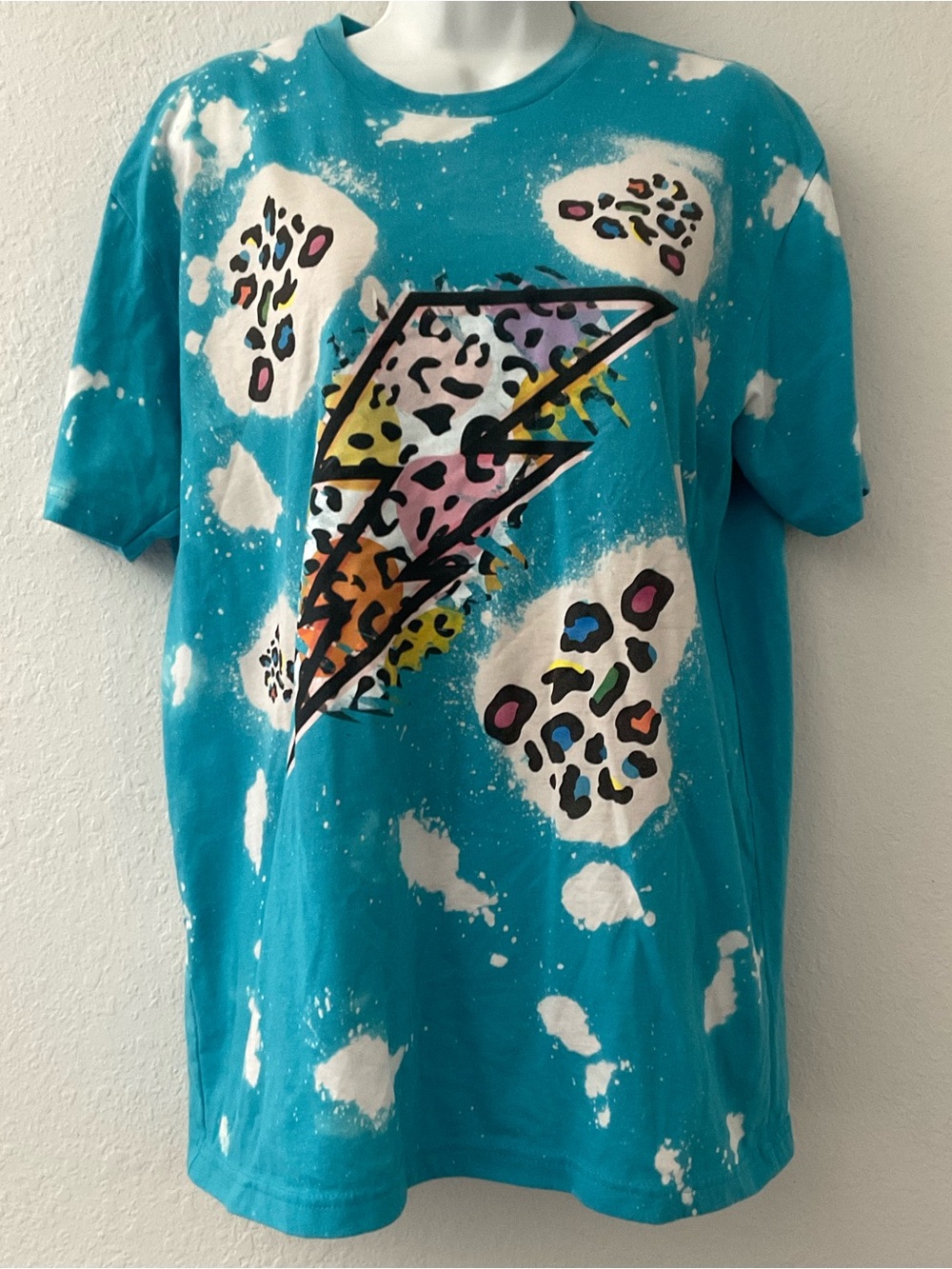 Next Level Leopard Turquoise Tie Dye Bleach Splatter Graphic T-Shirt L